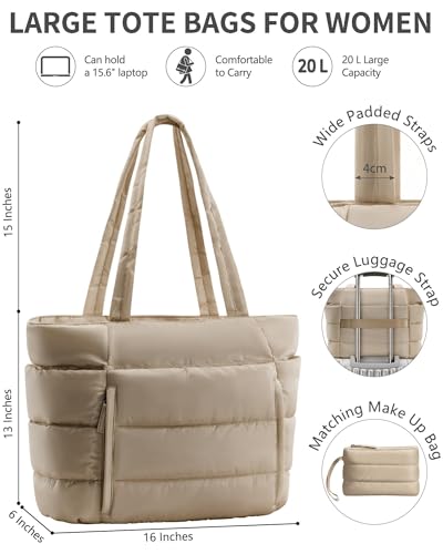 Bagstellar Puffer Tote Bag for Women, Lightweight Puffy Travel Gym Work Bag - color: Camel
