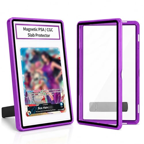 Magnetic PSA/CGC Slab Protector with Foldable Kickstand - UV Protection Tempered Glass & Aluminum Metal Bumper for 35PT PSA CGC CSG AGS, 9-Point Secure Lock Display Guard & Clear View (Purple) - color: Purple, size: PSA Card Case