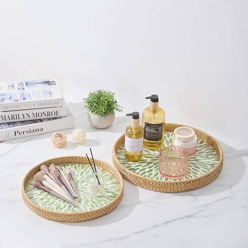 Round Rattan Tray with Mother of Pearl Inlay, Rattan Serving Tray with Wooden Base, Decorative Wicker Basket for Table Decor, Storage and Display of Coffee Bread Food Fruit (Leaf 13.5") - color: Leaf, size: 13.5"