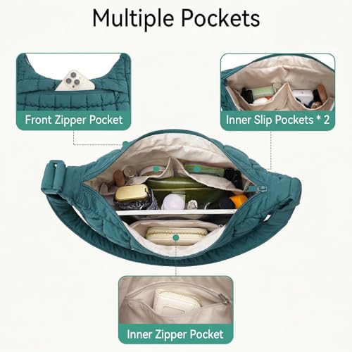 Puffer Crossbody Hobo Bag for Women Nylon Quilted Purse Lightweight Shoulder Handbag with Adjustable Strap - color: 04-peacock Blue