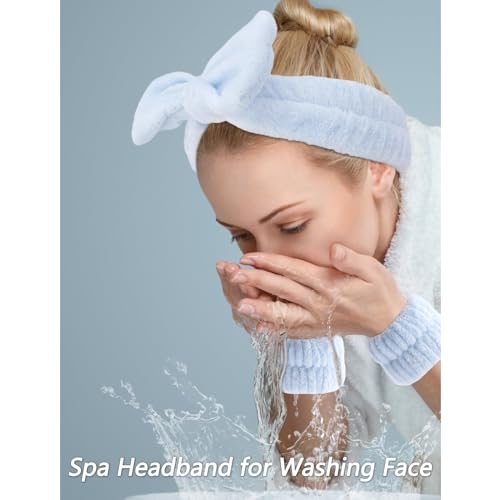 VELSCRUN Spa Headbands for Wash Face, Makeup Headband, Facial Skincare Headbands, 5 Pcs Blue Puffy Sponge Spa Headband Bow Tie Hair Band Hair Clips Wristband Set Women Girls Accessories - color: Blue