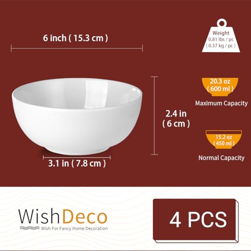 WishDeco Cereal Bowls Set of 4, White Soup Bowls 20 oz / 6 inch - size: 20 oz