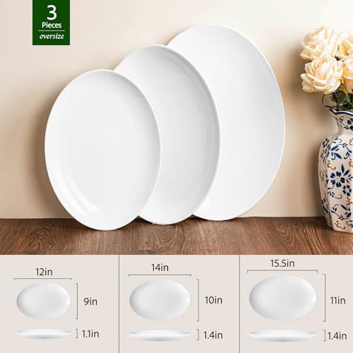 White Serving Platters Set of 3, 16/14/12 Inch Oval Porcelain Serving Platters, Serving Dishes for Entertaining, Party, Appetizers, Cheese, Dessert and Food Display - size: 15.5/14/12 inch Set