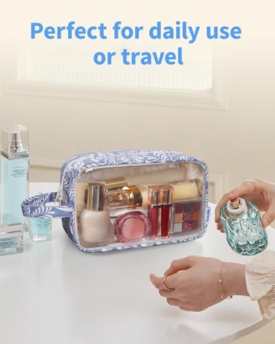 Narwey Clear Toiletry Bag for Women, Clear Cosmetic Makeup Bag for Travel - color: Blue Leaf