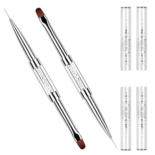 2Pcs Professional Hard Gel Nail Brushes, Dual-Ended Builder Gel Brush Set with Rhinestone Handle, Oval & Liner Brushes for French Tip, Acrylic & Polygel Application