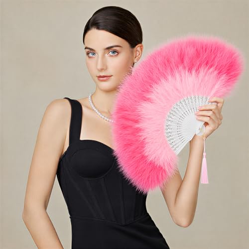 BABEYOND 1920s Marabou Feather Folding Hand Fan - color: GradientPink
