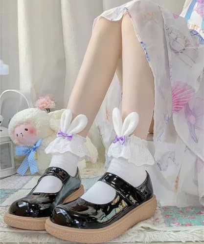 Cute Lolita Rabbit Bunny Ears Socks for Women & Teen Girls - Lace Bow Short Novelty Ankle Socks - color: Purple
