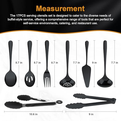 17PCS Serving Spoons and Utensils Set, Stainless Steel Serveware Black - color: Black