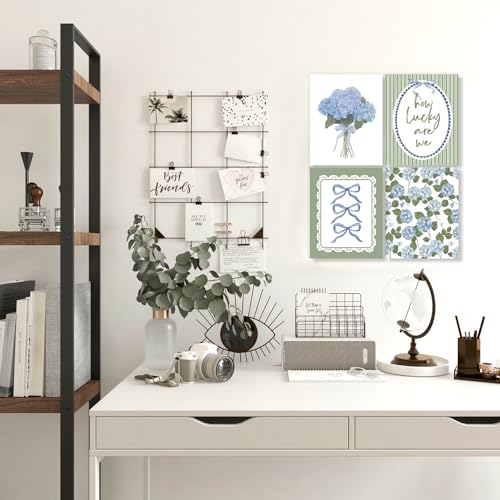 LUKIPOM Green Hydrangea Wall Art Poster,Grandmillennial Blue and Green Cottagecore Floral Canvas Wall Decor Gifts for Women Girls Room Bedroom Dorm Apartment，12x16in Set of 4 Unframed - color: Color 024