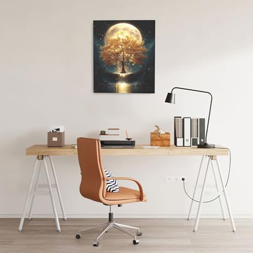 Golden Tree Wall Art Fantasy Tree with Moon and Waterfall Canvas Wall Decor Pictures Paintings Prints Mystical Nature Artwork Framed De corations For Meditation Space Bathroom Bedroom Living Room Office Gifts 20" x 24" - color: Golden Tree, size: 24"L x 2