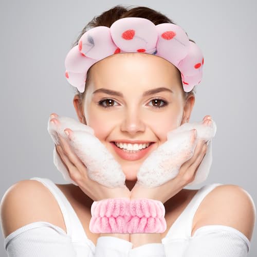 Zkptops Spa Headband for Washing Face Wristband Set Sponge Makeup Skincare Headband Velvet Fabric Bubble Soft Get Ready Hairbands for Women Puffy Headwear Non Slip Thick Thin Hair Accessory (Cherries) - color: ZYC Cherries