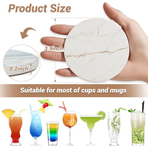 Acejoz Drink Coasters with Holder for Coffee Table, Absorbent Coasters Set of 6, Marble Style Ceramic Coaster for Wooden Table, Suitable for Kinds of Cups, Home Decor, 4 Inches(White) - color: White Marble