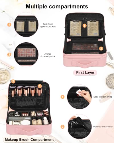 Relavel Makeup Bag Travel Makeup Train Case 13 inches Large Cosmetic Case Professional Portable Makeup Brush Holder Organizer and Storage with Adjustable Dividers and Shoulder Strap (Pink) - color: Pink, size: Medium