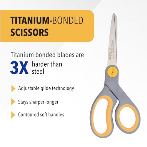 Westcott 8-Inch Titanium-Bonded Scissors with Adjustable Glide Feature for Office and Home - Gray/Yellow - size: 1-Pack