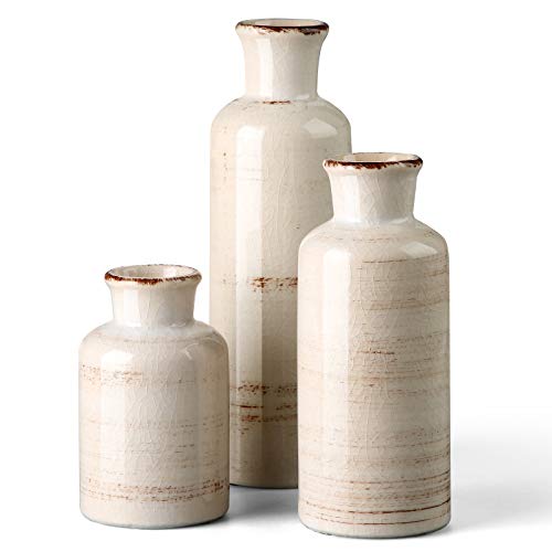 White Ceramic Vases, Rustic Flower Vase for Home Decor, Set of 3