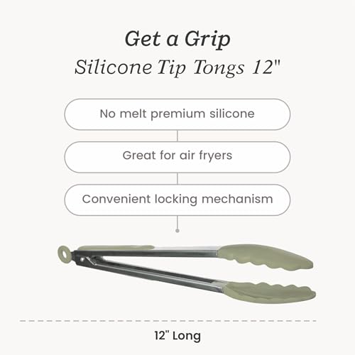 Starpack Get a Grip Silicone Kitchen Tongs (12 Inch) - LFGB Non Toxic, 600°F Heat Resistant, BPA-Free - Heavy-Duty Stainless Steel, Locking - Dishwasher Safe for Nonstick Cookware - color: Sage Green, size: 12" Single
