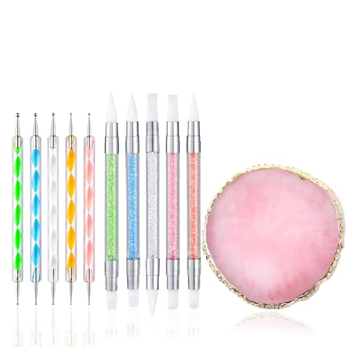 FULINJOY Nail Art Design 11PCS Kits - Resin Nail Art Palette, 5Pcs Nail Art Sculpture Pen Dual Tipped Silicone Nail Tools, 5Pcs Double Ended Nail Dotting Pens