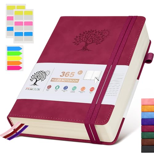 A5 Lined Journal Notebook - 365 Page Leather Journals for Writing Women & Men，Hardcover Notebook with 100Gsm Thick Pages，Daily Diary for Travel, Work，School，Note Taking，College Ruled (5.9" x 8.5") - color: Wine red, size: A5