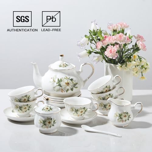 Sweejar Porcelain Tea Set Vintage Floral, British Relief Gold Rim Teapot Cup and Saucer Sets, 22-Piece Tea Sets for Adults, with Teapot, Sugar Bowl, Milk Jug, Spoons, Cup and Saucer (Camellia) - color: Camellia