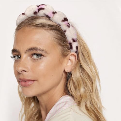 Tetizo Spa Headbands for Washing Face Wristband Set Sponge Makeup Skincare Headband Wrist Towels Bubble Soft Terry Towel Cloth Hairband for Women Puffy Headwear Non Slip Thick Thin Hair Headwear - color: Leopard Pink