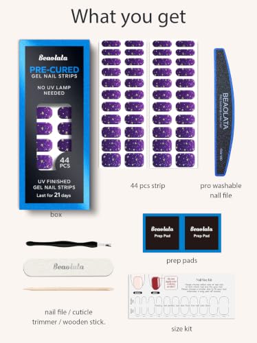 Real Gel Nail Strips (No UV Light Needed) - 44Pcs Salon Quality Nail Stickers - Long Lasting Polish Wraps for Women, Easy Apply & Remove (Deep Purple Star Dust) - color: Deep Purple Star Dust