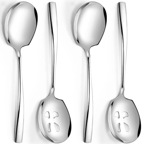 Serving Spoons Set 9.14 Inch Slotted Spoon Serving Spoon Stainless Steel Serving Utensils for Buffet Parties Catering Dishwasher Safe(Set of 4, Silver) - size: 2 Spoons, 2 Slotted,Silver