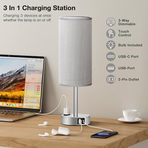 Fenmzee Grey Bedside Lamp for Bedroom, Dimmable Touch, USB A+C, AC Outlet - color: Grey - Silver, size: 14"