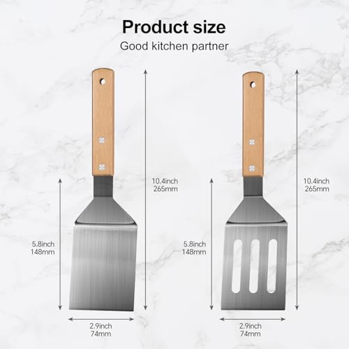 Stainless Steel Spatula Set, 2 Pcs Metal Spatulas for Kitchen Use, Professional Metal Spatula for Cast Iron Skillet with Wooden Handle, Ideal Choice for Making Desserts, Pancakes, Eggs, and BBQ
