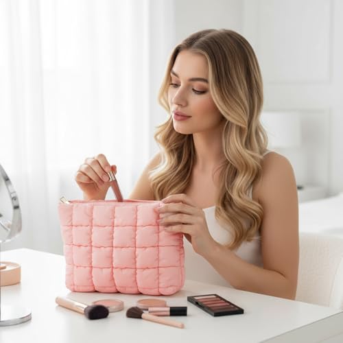 Hillban Light Pink Puffy Quilted Makeup Bag Cute Cosmetic Bag Gift, Classic - color: Light Pink, size: Classic