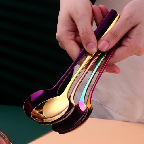 Metal Round Spoons, 8 inch Stainless Steel Reusable Long Handle Korean Soup Spoons, Table Dinner Desert Spoon Set of 8 (Gold) - size: Gold