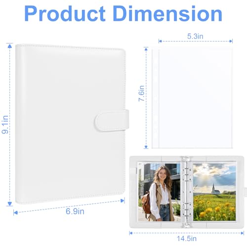 A5 PU Leather Photo Album with 60 Pockets, 5x7 Top Loading Double-Sided Sleeves, Adjustable 6 Ring Binder for Photos, Scrapbook & Keepsakes, White - color: White