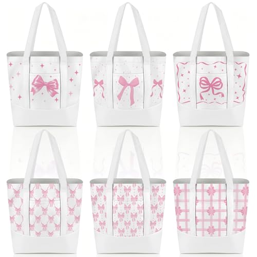 6 Pcs Mini Floral Bow Tote Bags for Women White Canvas Tote Bag Bulk Reusable Coquette Bags for Wedding Party Favor - color: Pink Bow