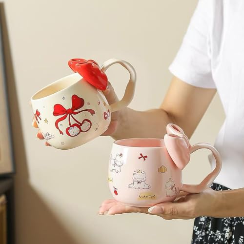 Cute Cherry Cat Ceramic Coffee Mugwith 3D Bow & Bow Spoon - color: B, size: Large
