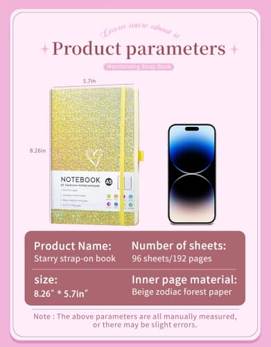 HJWKJUS Bling A5 Notebook with Pen, Lined Journal Notebook A5 Notepad for Girls Women,Cute Heart Pattern Design Glitter Laser Diary College Ruled Hardcover Notebook for Work, Note Taking, Business (Yellow) - color: Yellow