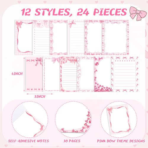 Gilprop 24 Pack Bee Sticky Notes 3x4 Inch, Honeybee Memo Pads, Pink Bow - style: Pink Bow