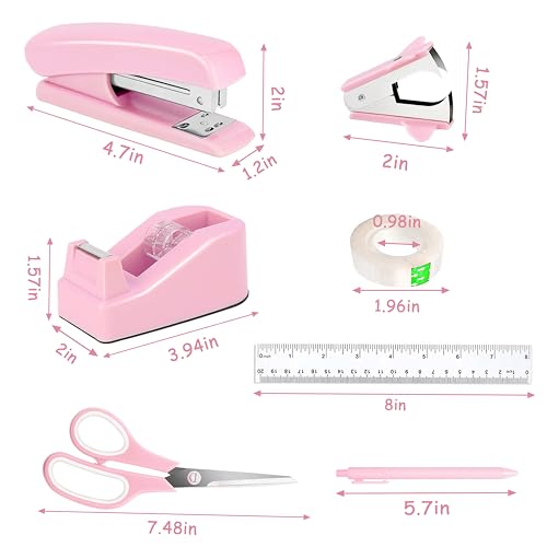 Pink Desk Accessories, Pink Office Supplies Accessories with Tape Dispenser, Stapler, Staple Remover, 1000 Staples, Tape, Clips Set, Ruler, Scissor, Pen - color: Pink
