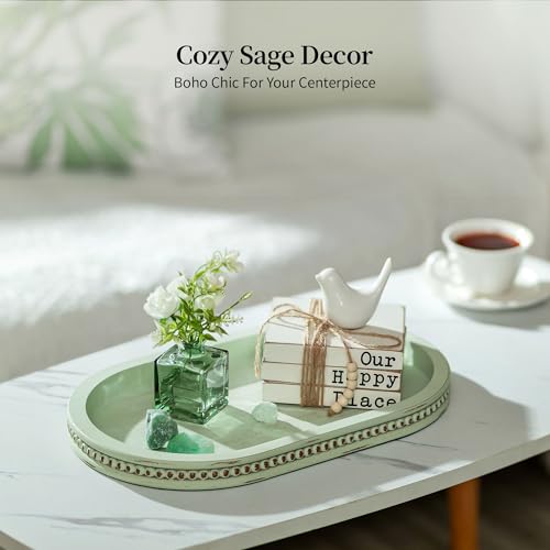 Hanobe 15" Sage Green Decorative Trays for Coffee Table Decor, Beaded Edge - color: Sage Green