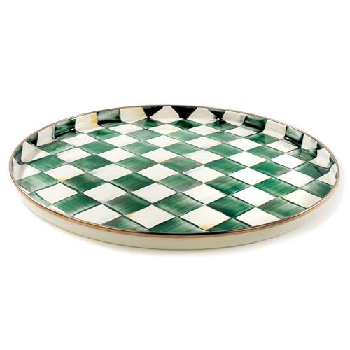 MACKENZIE-CHILDS Enamel Round Tray, Green-and-White Emerald Check - color: Emerald Check