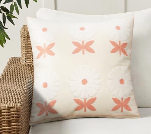 Merrycolor Boho Embroidered Throw Pillow Covers 18x18 Pink Flower Pillow Covers Textured Square Cushion Case Farmhouse Decorative Pillow Covers for Couch Bed,1PC, Beige and Pink Floral - color: Style L, size: 18" x 18" (Pack of 1)