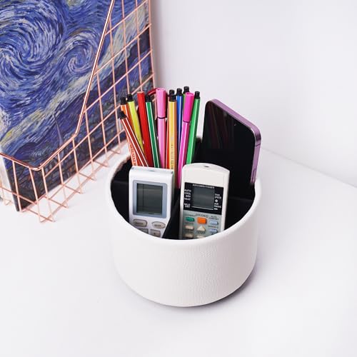 Round Leather Art Supply Organizer,Remote Control Holder,360 Degree Spinning,Multi-Functional Pencil Holder,4 Compartments Desktop Stationary Organizer(1-Lichee White) - color: 1-Lichee White