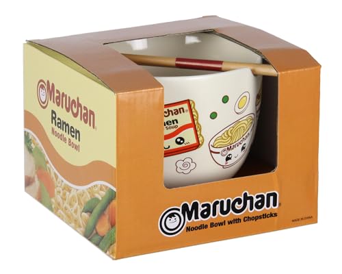 Mad Engine Ramen Bowl Maruchan Kawaii Noodles Microwave Dishwasher Safe Ceramic Bowl w/Reusable Bamboo Chopsticks (Kawaii Noodles)