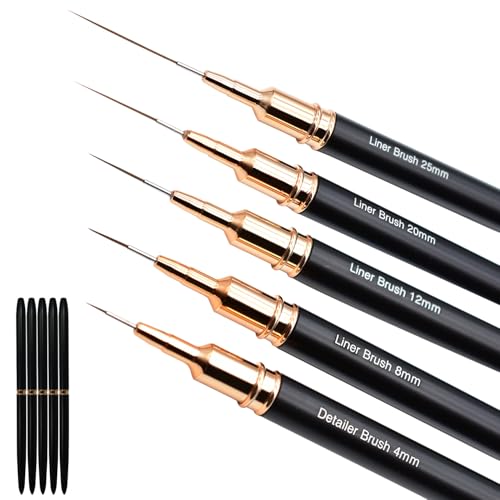 5Pcs Metallic Nail Art Liner Brush Set, UV Gel Polish Painting Tools for Long Lines, Thin Details, Fine Drawing, Sizes 4/8/12/20/25mm (Black) - color: Black