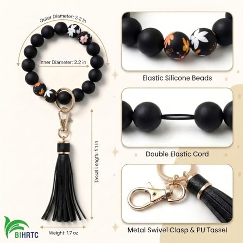 BIHRTC Key Ring Bracelet Car Keychain Holder Wristlet Silicone Women Beaded Bangle Chains - color: Flowers Demon Eye
