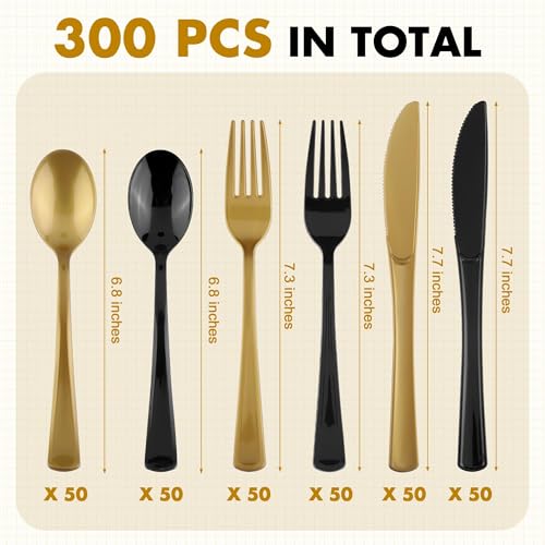 Kochorie 300 PCS Heavy Duty Black and Gold Plastic Silverware Cutlery Set - color: Black and Gold