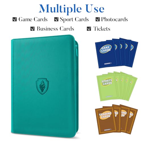 Premium Zip Card Binder, Fabmaker 9 Pocket Trading Card Binder PU Cover - color: Turquoise, size: 9 Pocket - 13.9" x 10.5"