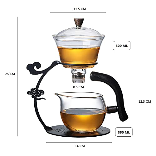 RORA Glass Teapot Set Semi Automatic Drip Rotating with Infuser Lazy Kungfu Tea pot Set (Black) - color: Black, size: teapot