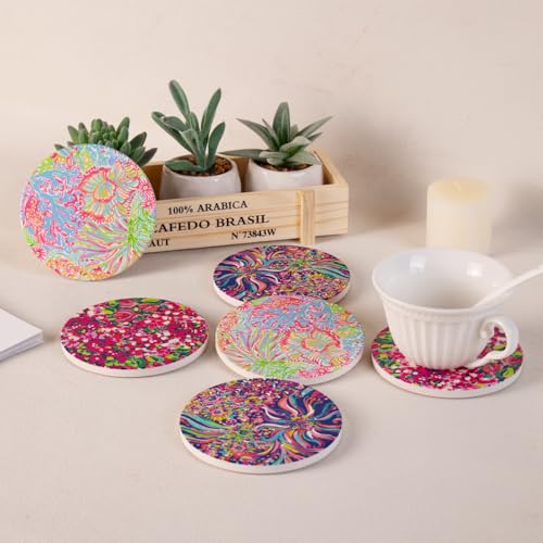 KAMMAK Ceramic Coasters with Cork Base, Boho Drink Coasters, Set of 6