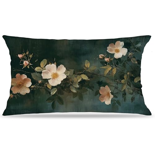 Vintage Dark Green Floral Pillow Covers 12x20 Double-Sided,Rustic Farmhouse Spring Summer Wildflower Flower Botanical Decorative Throw Pillow Covers for Home Bedroom Living Room - color: Floral-14, size: 20" x 12" (Pack of 1)