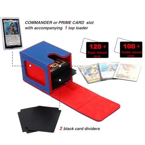 Venssu MTG Deck Box with Commander Display Window (Blue&Red, 1 window) - color: Blue and Red