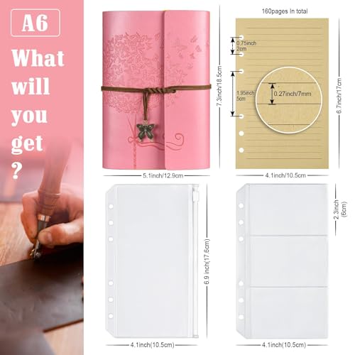 Leather Journal Notebook, Vintage Refillable Journal with 2 PVC Pockets, Travel Journal for Writing, Diary Journal for Women, Men, Girls and Boys, 100GSM Lined Paper, 160 Pages (Pink, A6 7.3"x 5.1") - color: Pink, size: A6 7.3'' x 5.1''